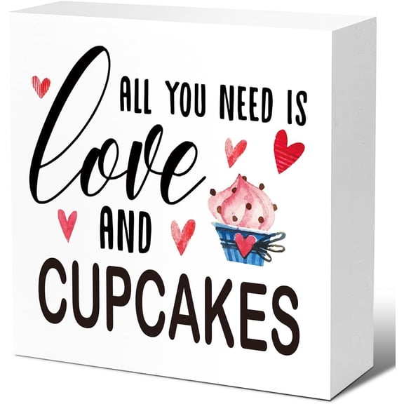 Rustic All You Need is Love and Cupcakes Kitchen Sign Decor,Funny Kitchen Wood Block Signs,Farmhouse Kitchen Wooden Box Sin Decor for Home Kitchen Shelf Counter Desk Table Decor 5x5 inch