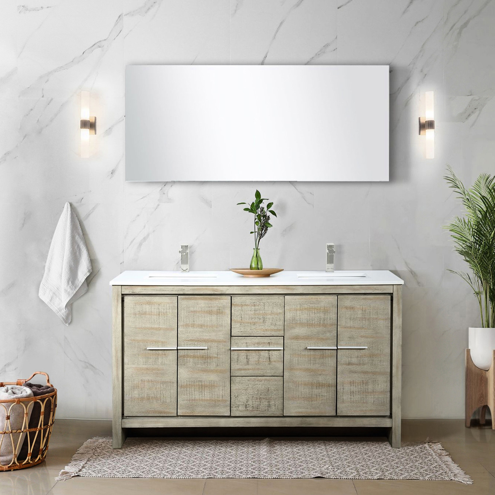 Rustic acacia wood double vanity with 55 - inch mirror | Soft - close ...