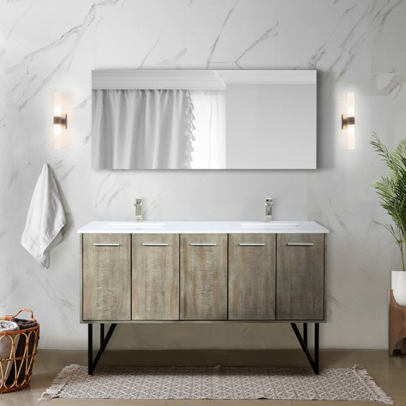 Rustic and Spacious Storage - 60-inch Double Bath Vanity with Marble Top and Mirror for Lasting Use