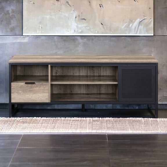 Rustic and black TV stand with metal support / Accommodates up to 50 - inch flat - screens, offers media storage