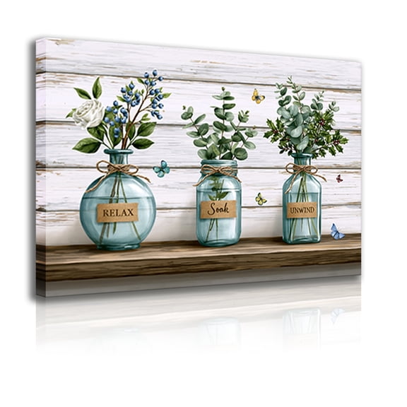 Rustic farmhouse style plant-themed blue bottle canvas wall hangings, soothing immersive floral art prints, eucalyptus, white roses, and blueberries poster prints, spa-style bathroom decor.
