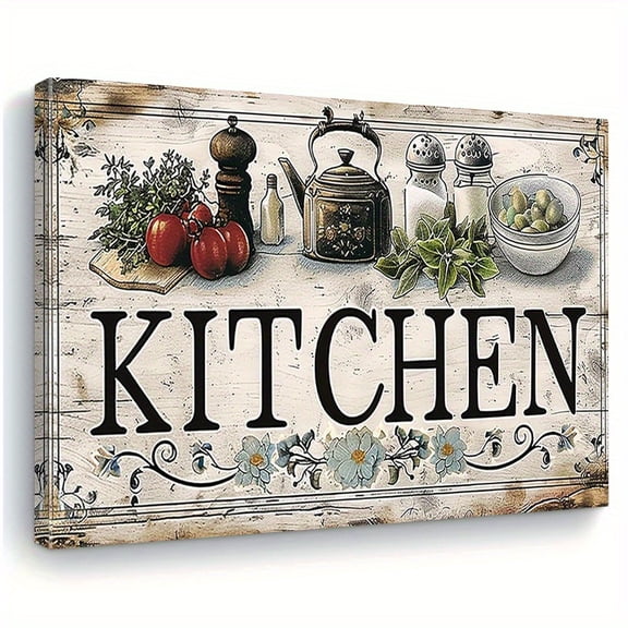 [Rustic framed canvas decor] Farmhouse-Style 1pc Kitchen Canvas Wall Art | Rustic Country Food & Vegetable Theme, Woven Texture, Horizontal Framed Canvas Print | Spring/Autumn Decor, Wedding/Birthday