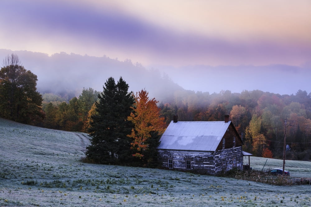 Rustic house among autumn colors at dawn Blanche Outaouais Quebec Canada Canvas Art - Yves Marcoux Design Pics (38 x 24)