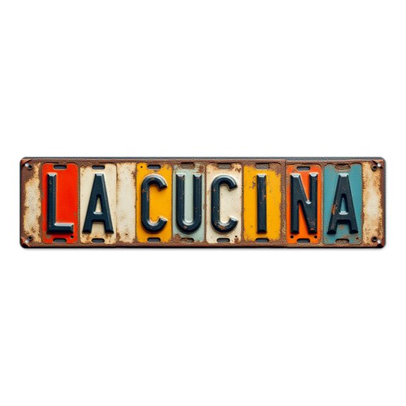 Rustic tin signs 16*4 in License Plate Style Italian Cooking Theme"LA CUCINA" retro kitchen decor wall plaques outdoor steel art dining room weathered look