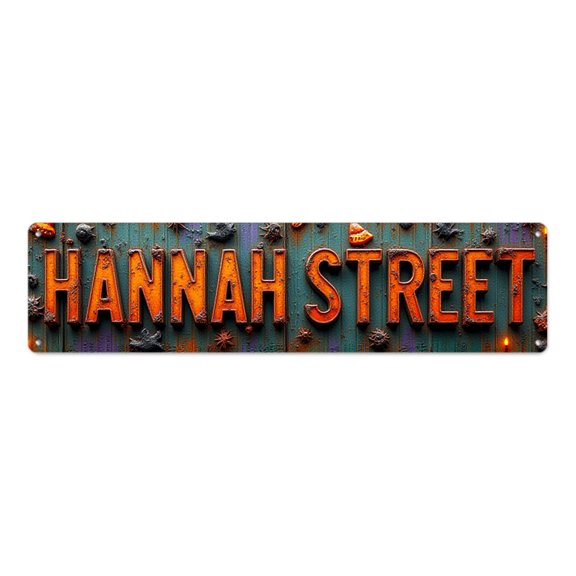 Rustic tin signs 16*4 in Road name decor industrial home accent"HANNAH STREET rusty orange letters on teal background" grunge wall plaques cool apartment street Weathered texture finish