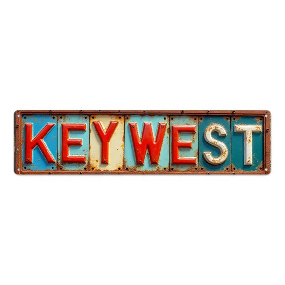 Rustic tin signs 16*4 inches "KEY WEST red white letters rusty blue background" retro style distressed finish