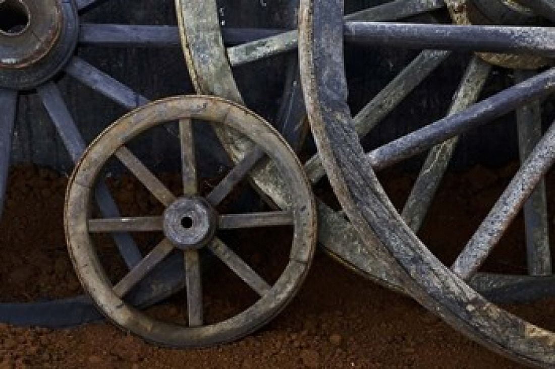 Rustic wagon wheels on movie set Cuba Canvas Art - Adam Jones DanitaDelimont (39 x 26)