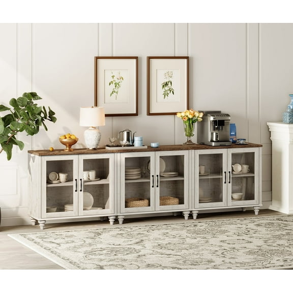 WAMAPT Sideboard Buffet Cabinets with 6-Glass Door, Kitchen Storage Cabinets, Wood Coffee Bar Tables with Adjustable Shelf, Accent Sideboard Cabinet for Dining Room, Living Room, Rustic White (3 PCS)