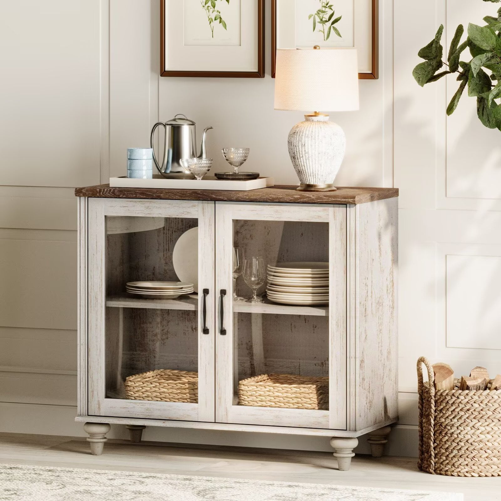 Rustic white Buffet Cabinet with Glass Door, Kitchen Storage Cabinets with Adjustable Shelf, 34 inch