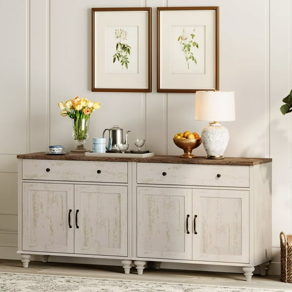 Rustic white Buffet Cabinet with with Storage Cabinets, Modern Farmhouse Kitchen Storage Cabinets 4 Doors and 2 Drawers, 68 inch