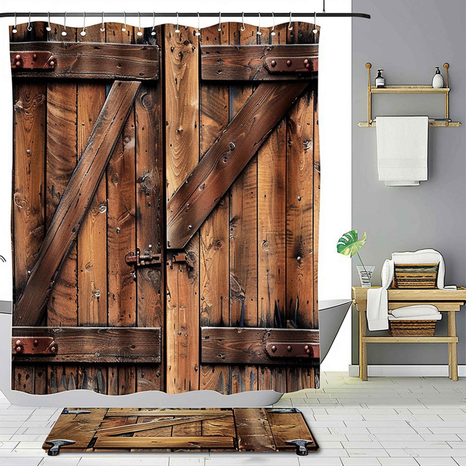 Rustic wooden barn door bathroom curtain set with floor featuring brown ...