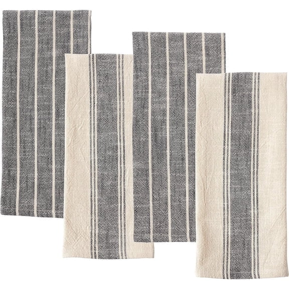 KAF Home Slubbed Cotton Kitchen Towels, Natural Rustic, 18” x 28”, Black, 4-Pack