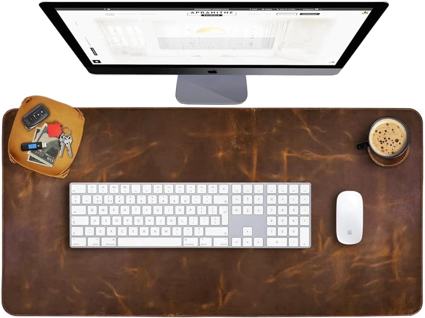RusticVintage (32 X16 inch) Geniune Leather Deskmat with 1 Tray & 1 Coaster, Big Size, Waterproof Non Slip Desk Blotter Protector Large Mat for Keyboard Deskpad for Computer Laptop Office Accessories