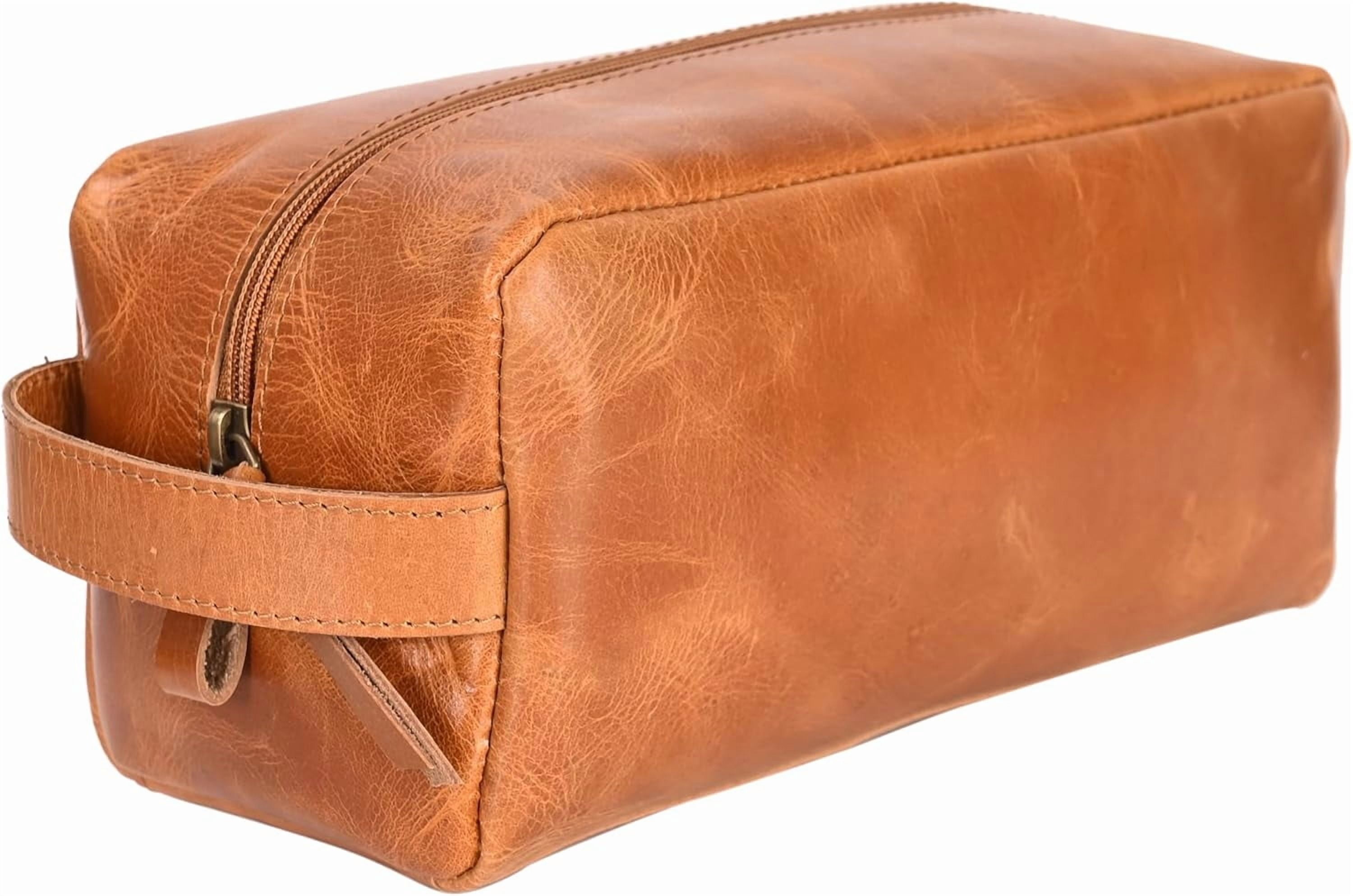 RusticVintage Genuine Leather Toiletry Bag, Cosmetic Case, Classy Dopp Kit For Man Shaving Kit Organizer Travel Kit Pouch Bridesmaid Gifts Hanging Toiletry Case, Makeup Bag - Large Size (Tan)