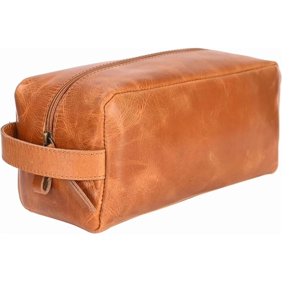 RusticVintage Genuine Leather Toiletry Bag, Cosmetic Case, Classy Dopp Kit For Man Shaving Kit Organizer Travel Kit Pouch Bridesmaid Gifts Hanging Toiletry Case, Makeup Bag - Large Size (Tan)