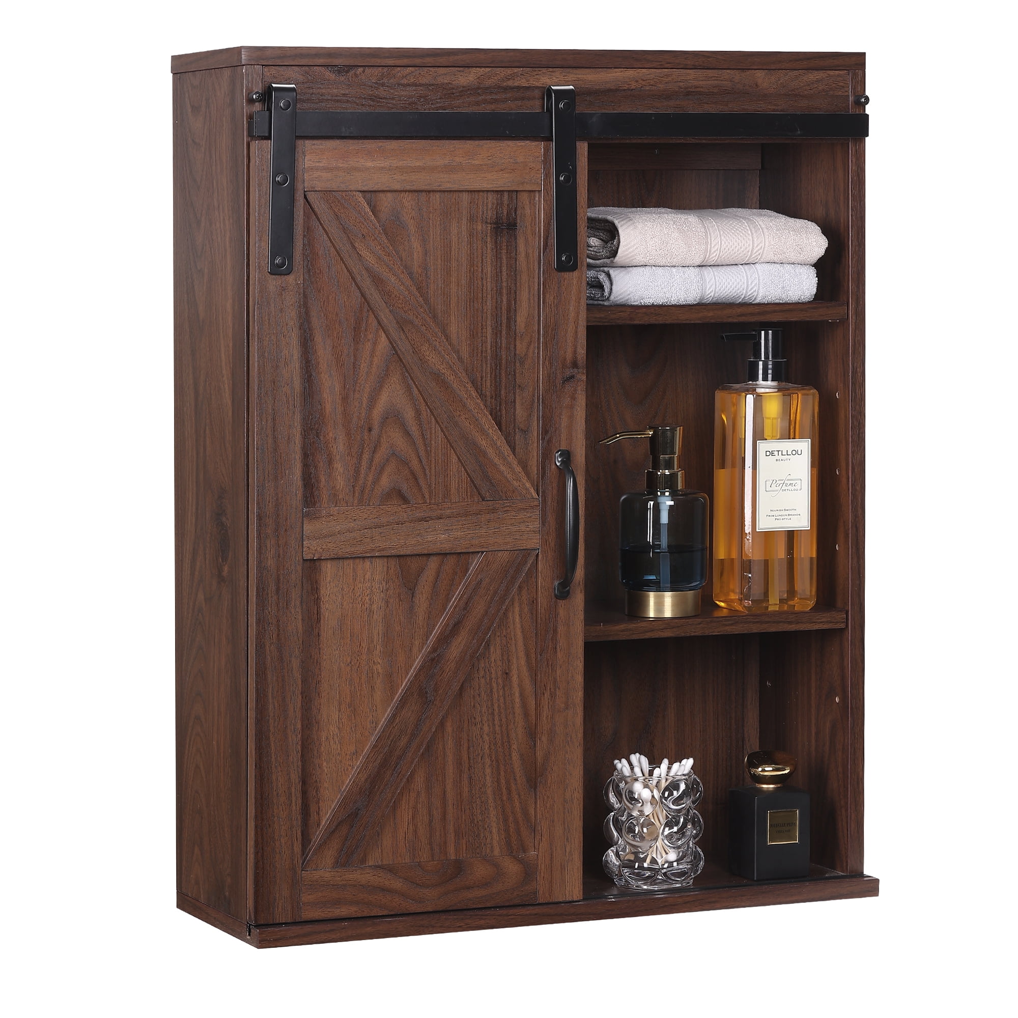 Rustown Farmhouse Wood Wall Storage Bathroom Cabinet with Sliding Barn Door, Rustic Medicine Cabinet with Adjustable Shelf, 3-Tier Vintage Cabinet for Kitchen Dining, Bathroom, Living Room , Walnut
