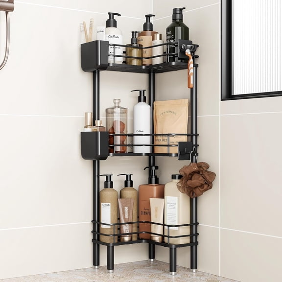 Rustproof 3 Tier Floor Standing Corner Shower Caddy Organizer with Toothbrush Holder, Large Spacing Floor Shower Shelf Rack Storage Stands with Hooks for Bathroom Kitchen, Black