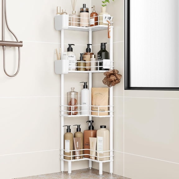 Rustproof 3 Tier Floor Standing Corner Shower Caddy Organizer with Toothbrush Holder, Large Spacing Floor Shower Shelf Rack Storage Stands with Hooks for Bathroom Kitchen