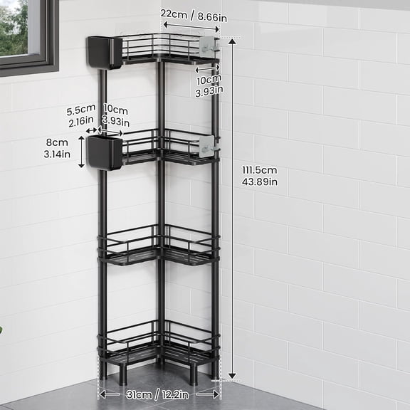 Rustproof 4 Tier Floor Standing Corner Shower Caddy Organizer with Toothbrush Holder, Large Spacing Floor Shower Shelf Rack Storage Stands with Hooks for Bathroom Kitchen, Black