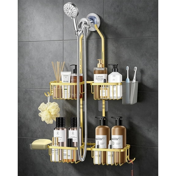 Rustproof Aluminum Shower Caddy with Adjustable 2-Tier Hanging Design, Gold Anodized Finish