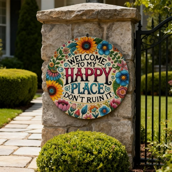 Qiopertar Welcome to My Happy Place Metal Sign, Round Wall Decor for Front Door Garden Patio, Waterproof Aluminum Welcome Sign for Indoor Outdoor Home Decor