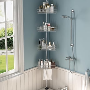 Rustproof Black Tension Pole Corner Shower Caddy Organizer - 4 Adjustable Shelves & Built-In Towel Bars - Fits 76-110 Inch Bathrooms - Space-Saving Telescopic Bath Storage - Silver