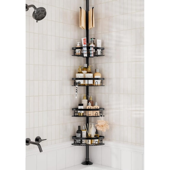 Rustproof Corner Shower Caddy Tension Pole, 4 Large Baskets for Bathtub Shampoo Storage Organizer Bathroom Height Adjustable Shelves from 23.6 to 114.5 Inch with Towel Bar