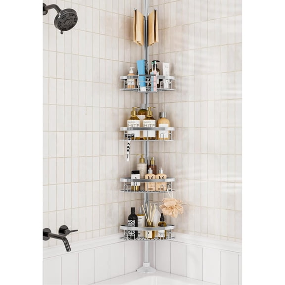 Rustproof Corner Shower Caddy Tension Pole, 4 Large Baskets for Bathtub Shampoo Storage Organizer Bathroom Height Adjustable Shelves from 23.6 to 114.5 Inch with Towel Bar