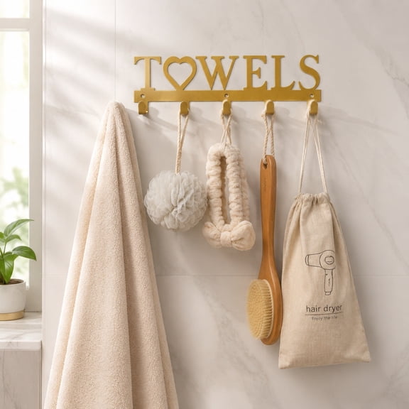 Rustproof Gold Metal Towel Hanger Wall Hook Row with Heart Design, Decorative 13.4 in Wide Entryway Coat Utensil Storage Organizer, 5 Hooks