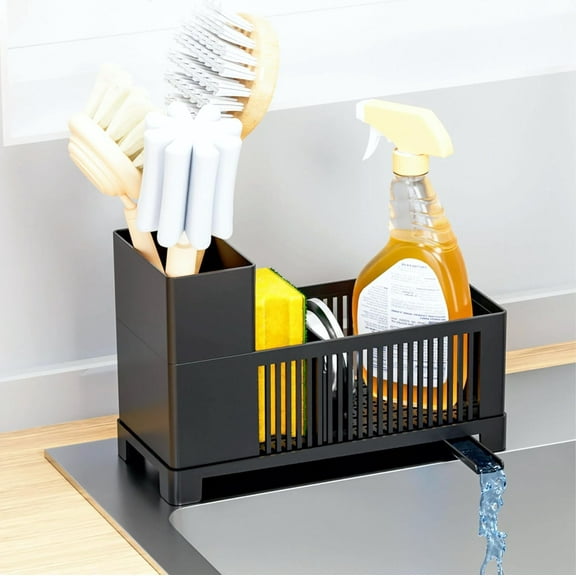 Rustproof Kitchen Sink Organizer for Countertop,Multifunctional Sink Organizer Caddy & Organization,Scrub Brush and Sponge Holder,Plastic Sink Storage Rack,Sponge Drain Rack,Dish Soap Dispenser,Black