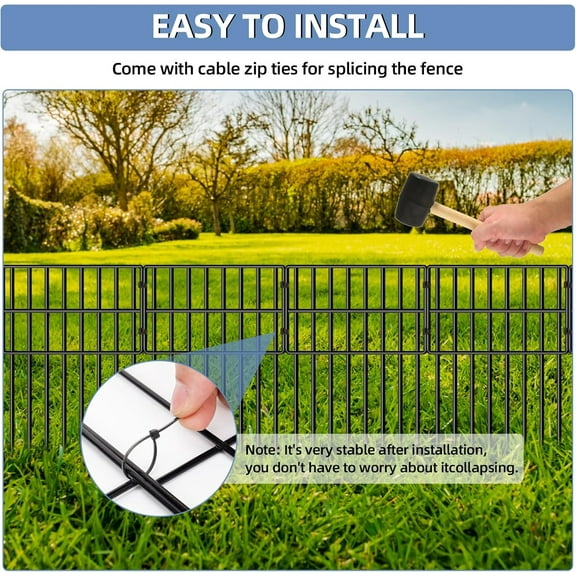 Rustproof Metal Animal Barrier Fence 25 Pack, 17 in H x 27 ft L Decorative No-Dig Garden Fence Border, 1.5" Spike Spacing Bottom Blocker for Dogs & Rabbits