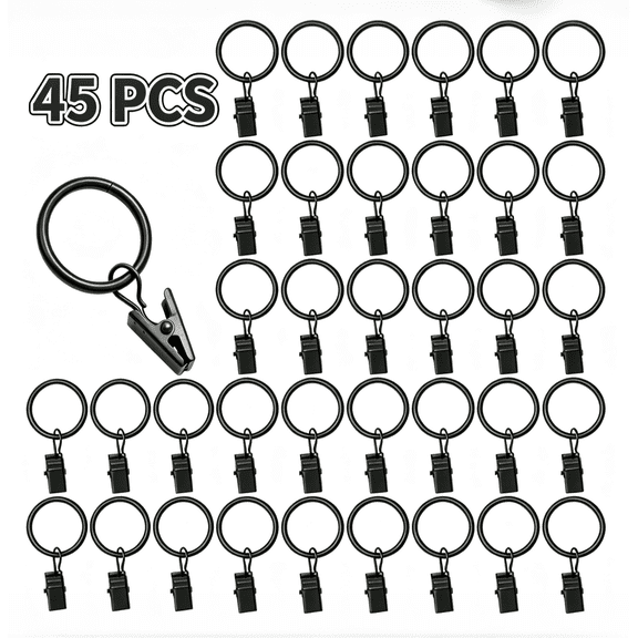 45‑Pack Black Curtain Rings with Clips, Rustproof Metal Drapery Rings, 1‑Inch Inner Diameter, Fits Rods up to 5/8 Inch, for Curtains, String Lights, Party Decor