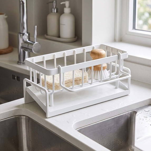 Rustproof Metal Kitchen Sink Caddy Sponge Holder with Removable Drip Tray, Soap Dispenser and Brush Organizer for Countertop
