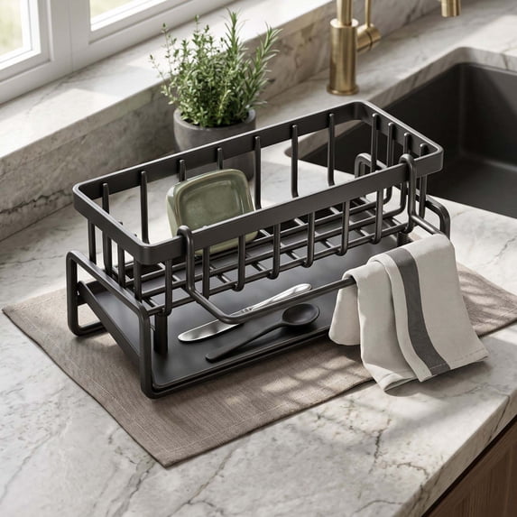 Rustproof Metal Kitchen Sink Caddy Sponge Holder with Removable Drip Tray, Soap Dispenser and Brush Organizer for Countertop