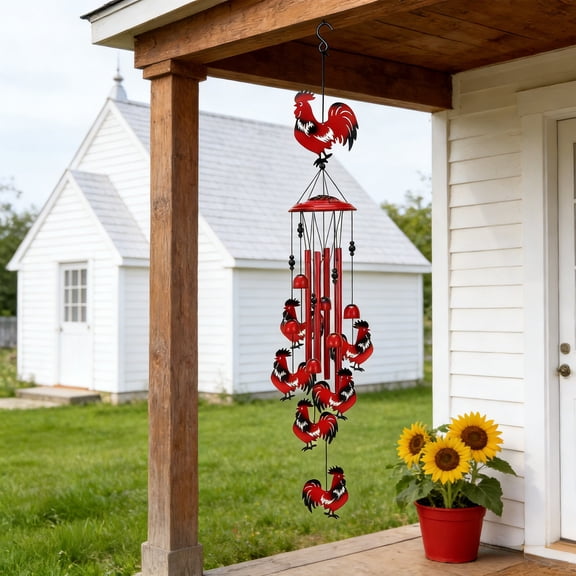 Rustproof Metal Red Rooster Chicken Animals Wrought Rustproof Iron Aluminum Tube Wind Chime for Balconies Courtyard Corridors