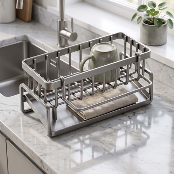 Rustproof Metal Sink Caddy With Removable Drip Tray, Kitchen Sponge Holder Brush Organizer, Countertop Storage Rack For Soap Dispenser, Scrubbers Dish Rags Gray