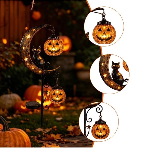 Rustproof Metal Solar Halloween Black Cat Pumpkin Moon Stake Light, Solar Auto Lighting Outdoor Yard Decor For Fall Party Garden Patio Walkway