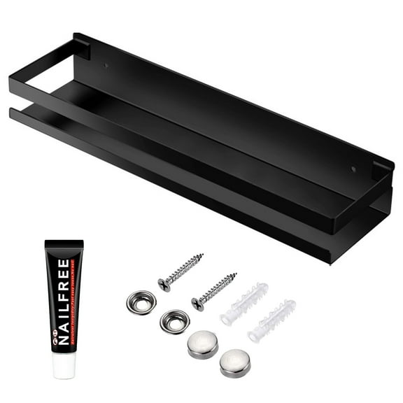 Rustproof Metal Storage Floating Shelves Wall Mounted Rectangular Shelf for Bedroom,Bathroom, Living Room, Kitchen, and Laundry Room,Nail-Free Wall-Mounted Shelves(15.75 Inch Black)