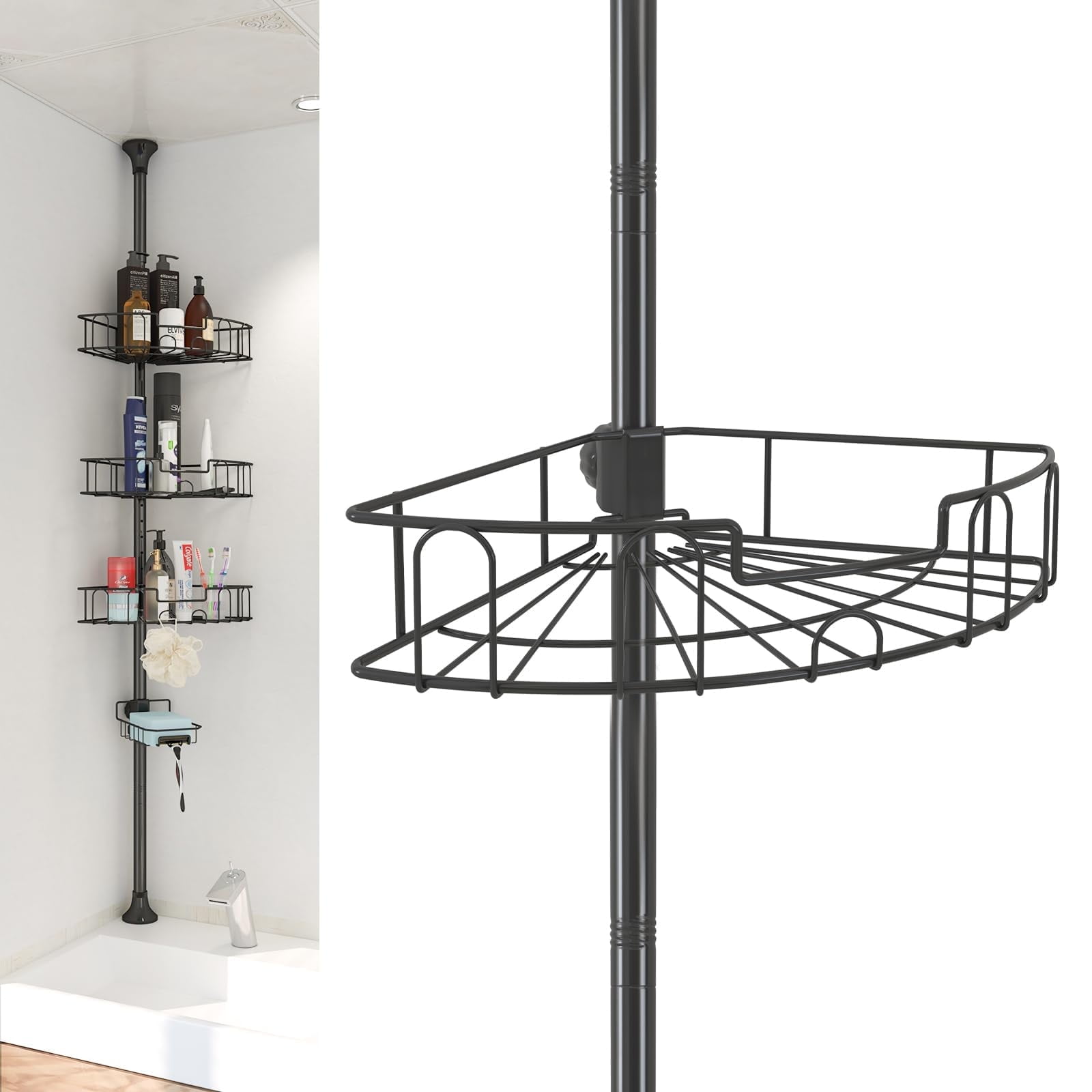 LAIDER HEROS Tension Shower Caddy, Stainless Steel Bath Caddy for Shower with 4 Adjustable Baskets, 39-125" Corner Shower Caddy with Tension Pole, Black