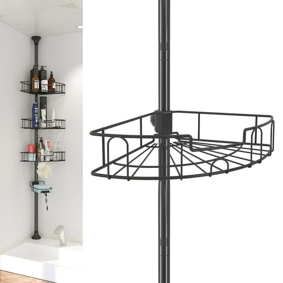 LAIDER HEROS Tension Shower Caddy, Stainless Steel Bath Caddy for Shower with 4 Adjustable Baskets, 39-125" Corner Shower Caddy with Tension Pole, Black