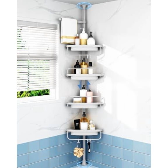 Rustproof Shower Caddy Corner for Bathroom,Bathtub Storage Organizer for Shampoo Accessories,4-Tier Adjustable Shelves with Tension Pole, 34 to 116 Inch, Grey