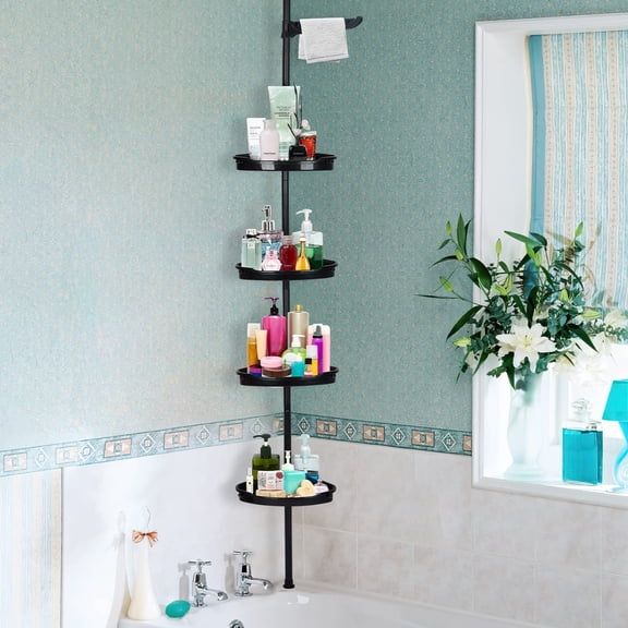 Rustproof Shower Caddy Corner Organizer for Bathroom,Shampoo Accessories Storage Holder Rack,4-Tier Adjustable Shelves with Tension Pole, up to 123 Inch, Black