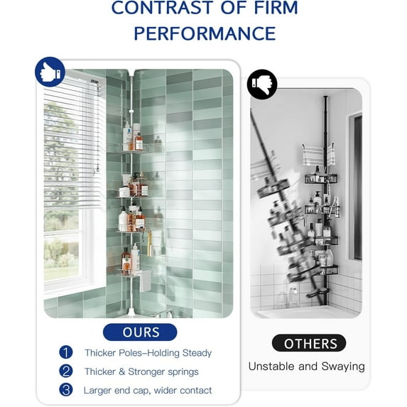 Rustproof Shower Caddy Corner Organizer with 4 Adjustable Baskets, Tension Pole Bathroom Storage for Shampoo and Soap, Silver