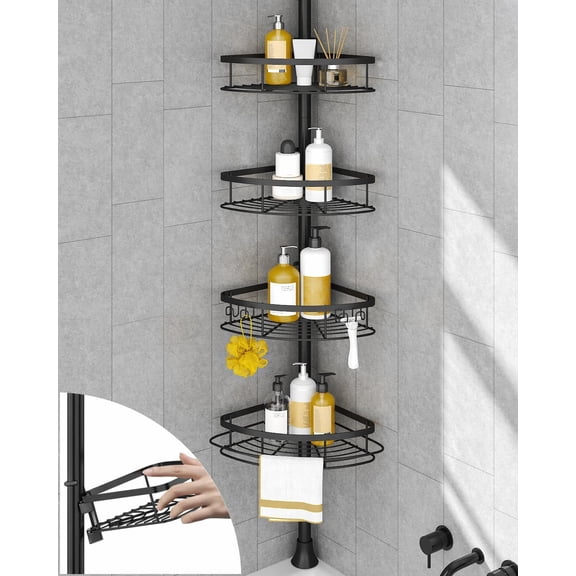 Rustproof Shower Corner Caddy Organizer for Bathroom, 4-Tier Adjustable Bathroom Shelf with Tension Pole, Solid Rack Ideal for Bathtub Storage, 34 to 116 Inch Height, Black