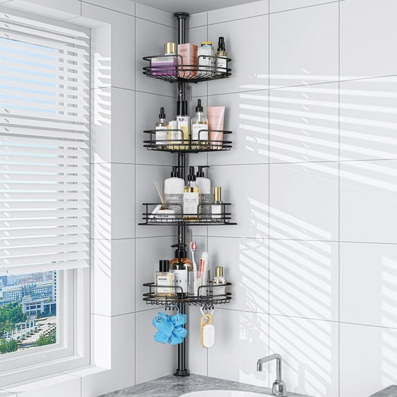 Alupssuc 4-Tier Rustproof Tension Shower Caddy, for Bathtub Shampoo Storage Bathroom Organizer, Adjustable Shower Shelves from 23 to 125 inches, with 4 Upgrade Large Capacity Adjustable Baskets