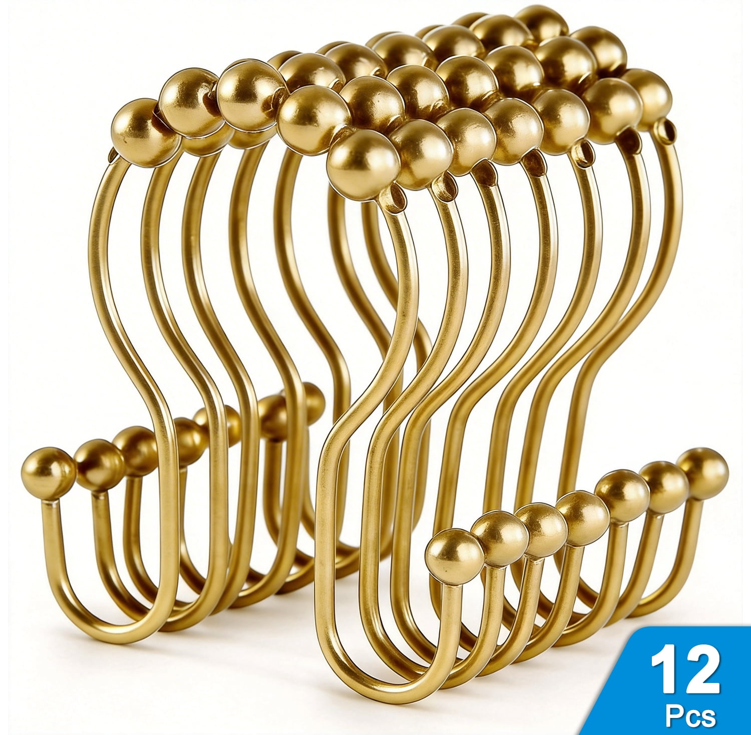 Shower Curtain Hooks, Rustproof Metal Double Sided Shower Curtain Rings with Beaded Rollers, No Drill Shower Hooks for Bathroom Curtain Rods, Set of 12