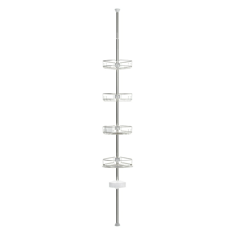 HomeHelper 4 Tier Corner Shower Caddy Tension Pole-Made of Rustproof  Stainless Poles and Solid Plastic Shower Shelves,Fit 56 to 114Inches Height