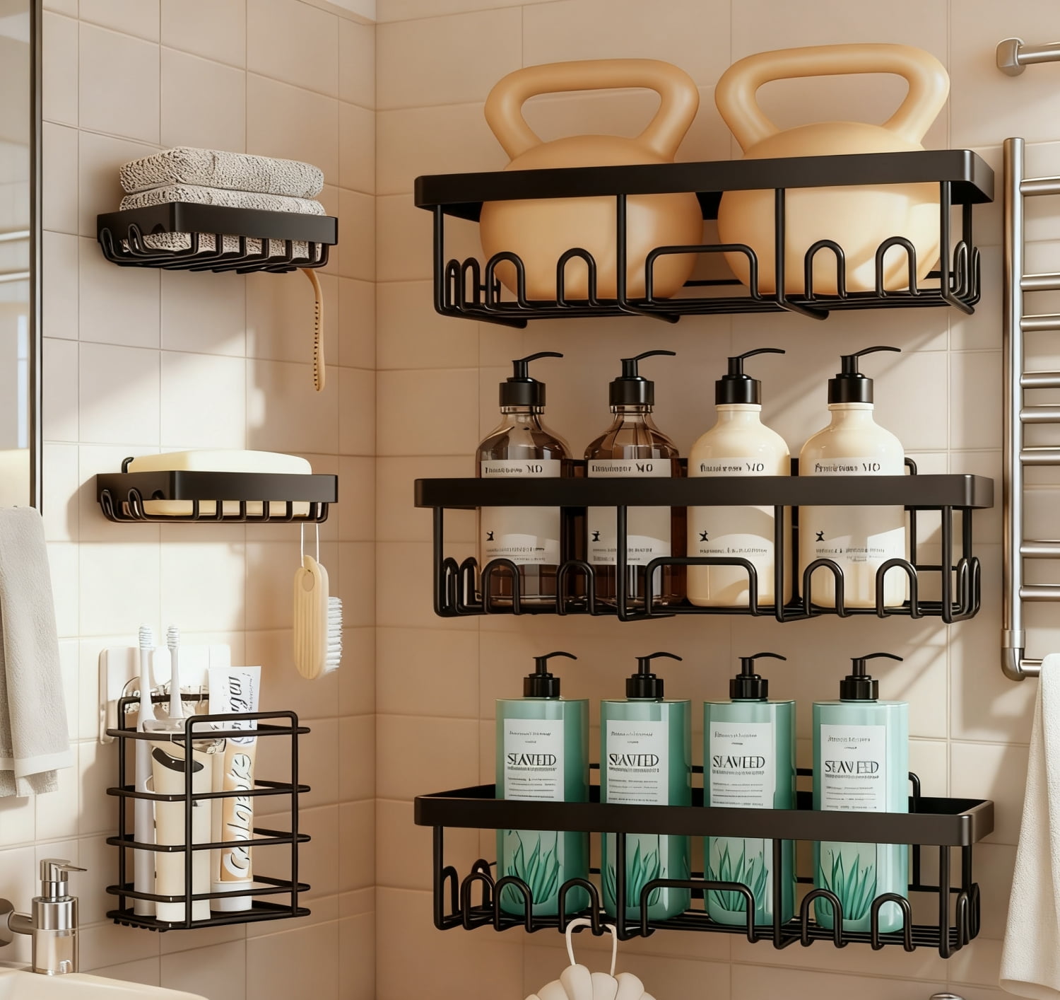 Adhesive Shower Caddy 6 Pack , Rustproof & Waterproof Bath Organizers with Soap Holder, Large Capacity Bathroom Organizers and Storage, Wall-Mounted Kitchen & Home Decor