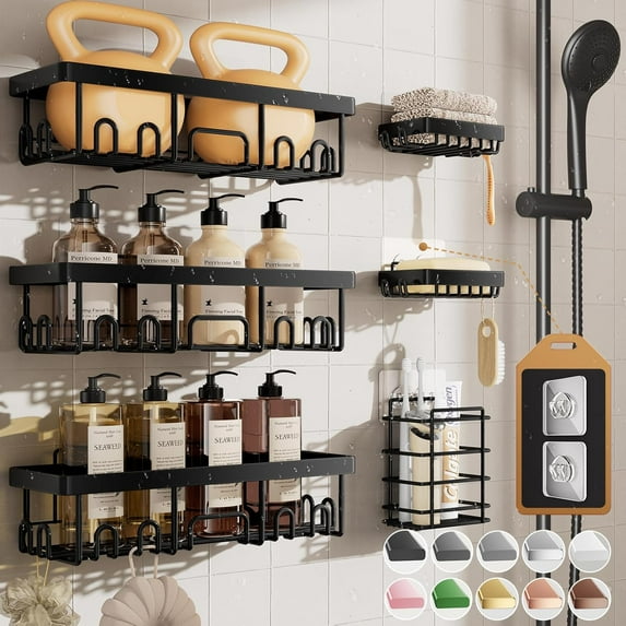 Rustproof & Waterproof Shower Caddy 6-Pack, No Drilling Adhesive Shelves Rack with Soap Holder, Large Capacity Bathroom Organizers and Storage, Wall-Mounted Kitchen & Home Decor