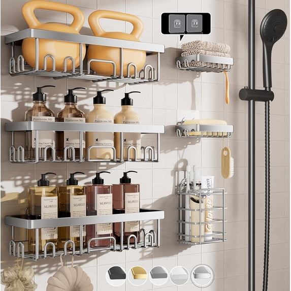Rustproof & Waterproof Shower Caddy 6-Pack, No Drilling Adhesive Shelves Rack with Soap Holder, Large Capacity Bathroom Organizers and Storage, Wall-Mounted Kitchen & Home Decor